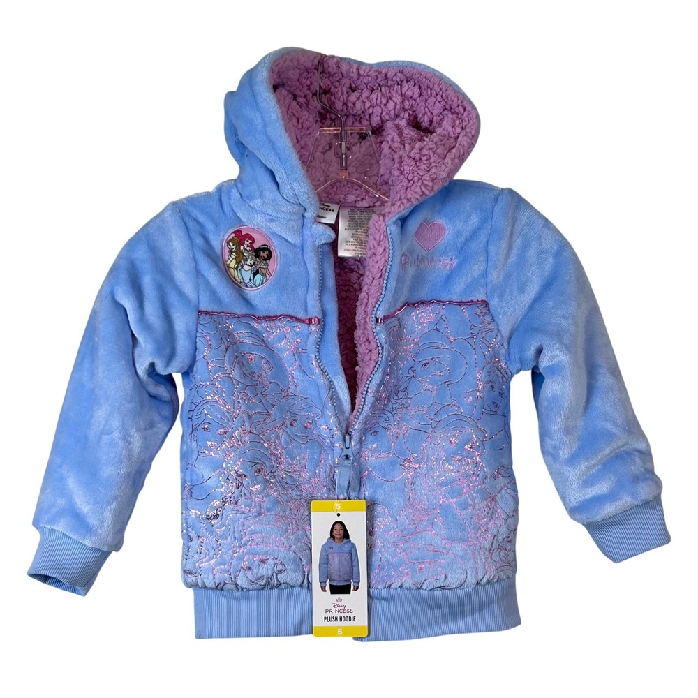 NWT Disney Princess Girls Plush Hoodie Blue Sherpa Lined Glitter Zip Size 5